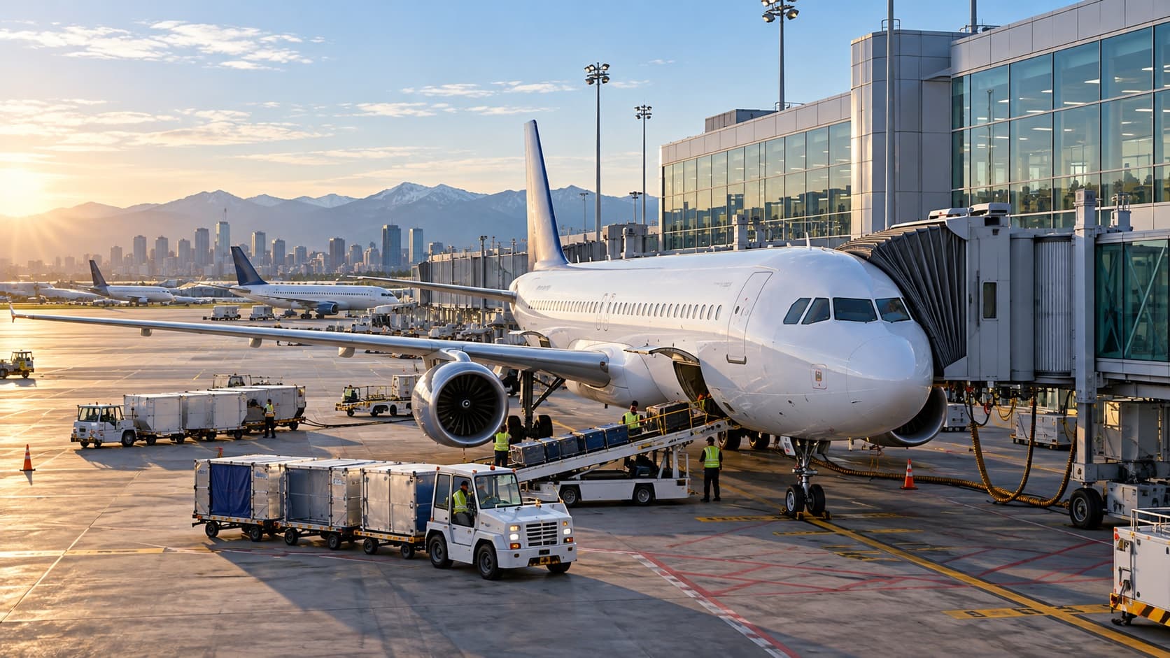 Illustration of passenger aircraft parked at a North American airport