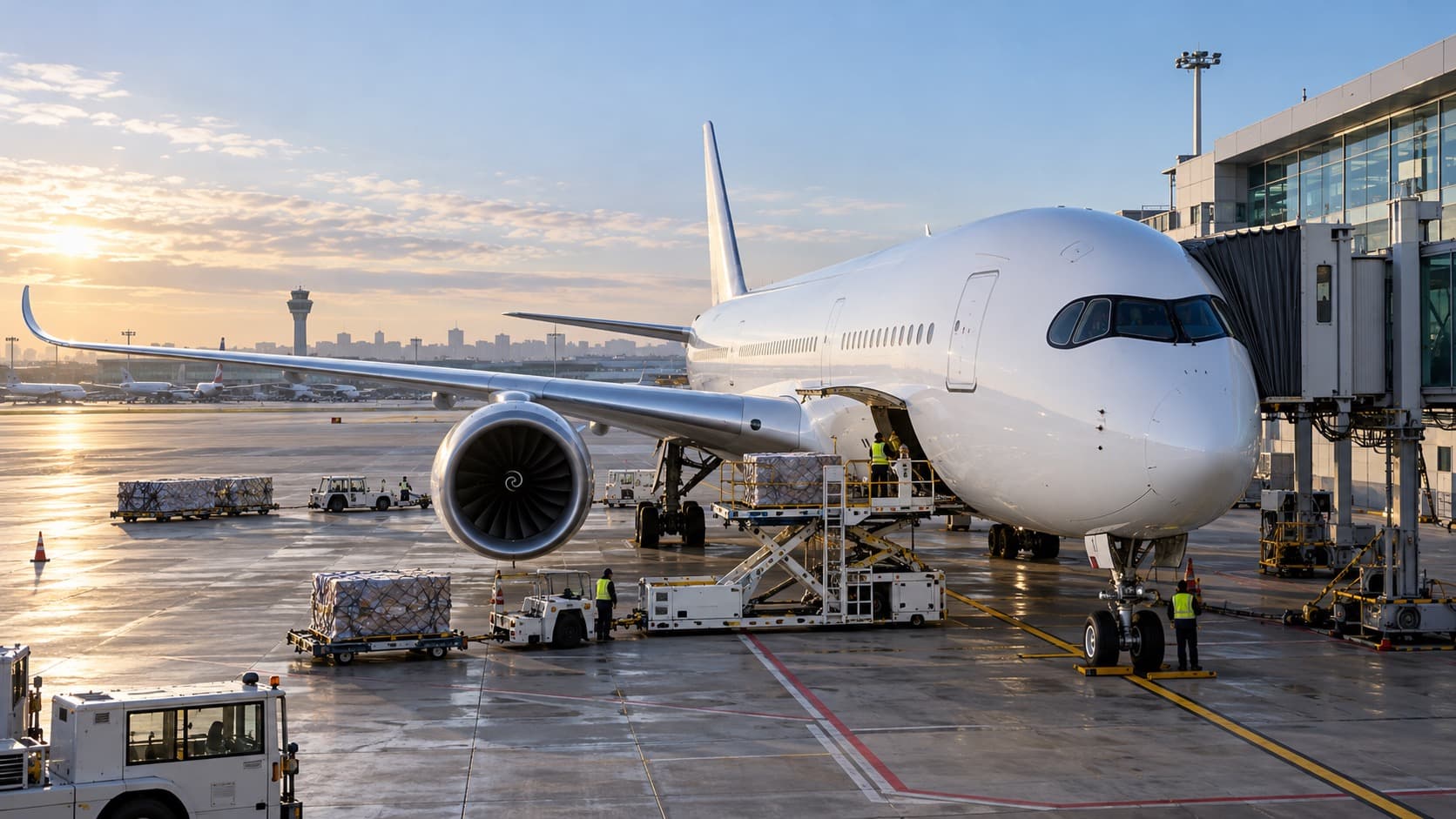 Illustrative widebody passenger aircraft preparing for departure at an international airport
