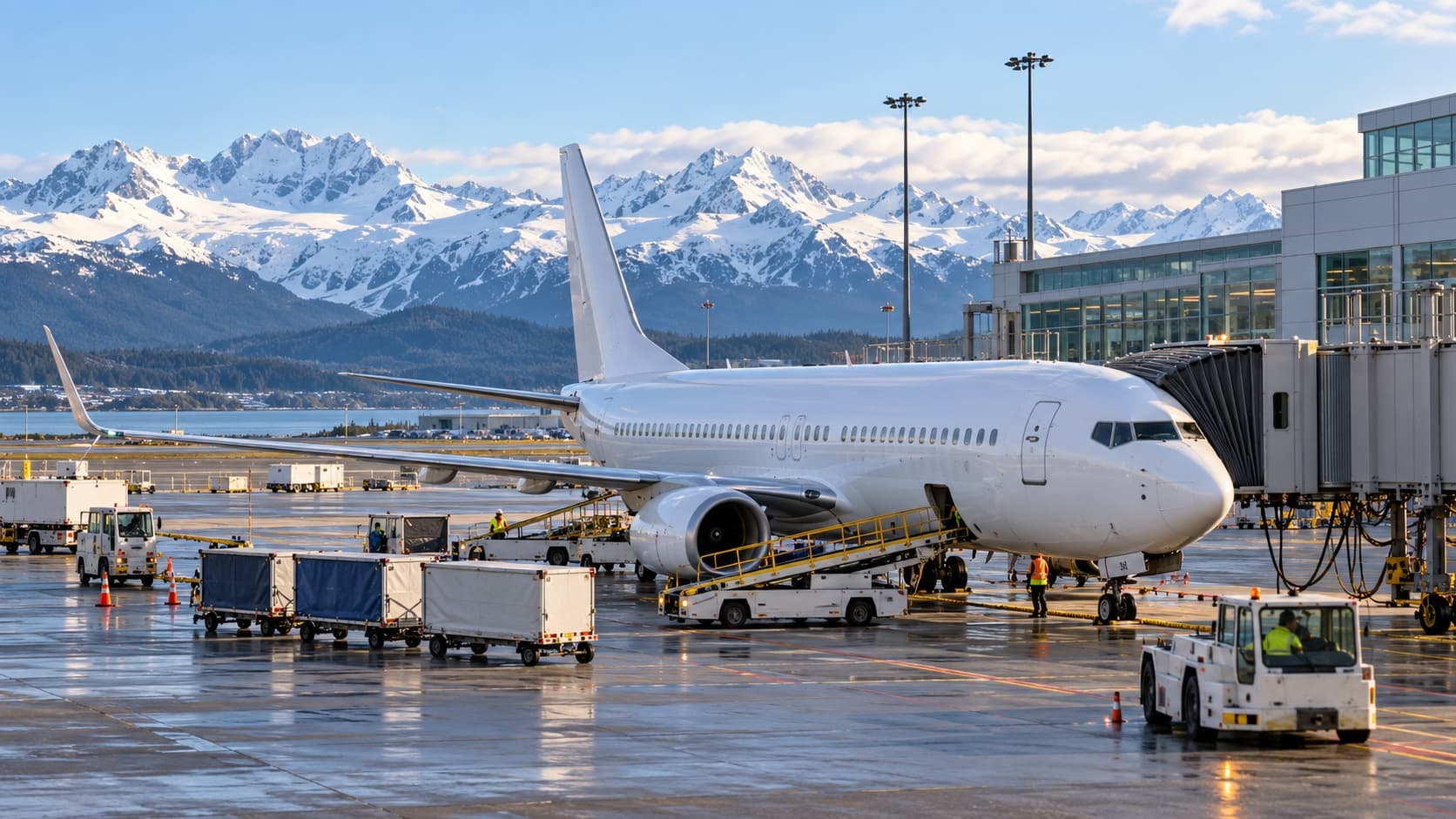 Illustration of a passenger aircraft at an airport with distant Alaska mountains.