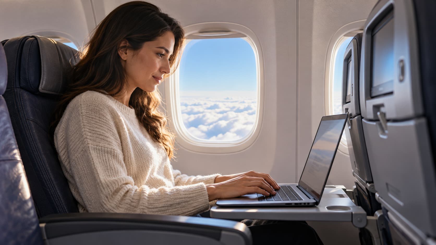 Illustrative airline passenger using a laptop beside an aircraft window