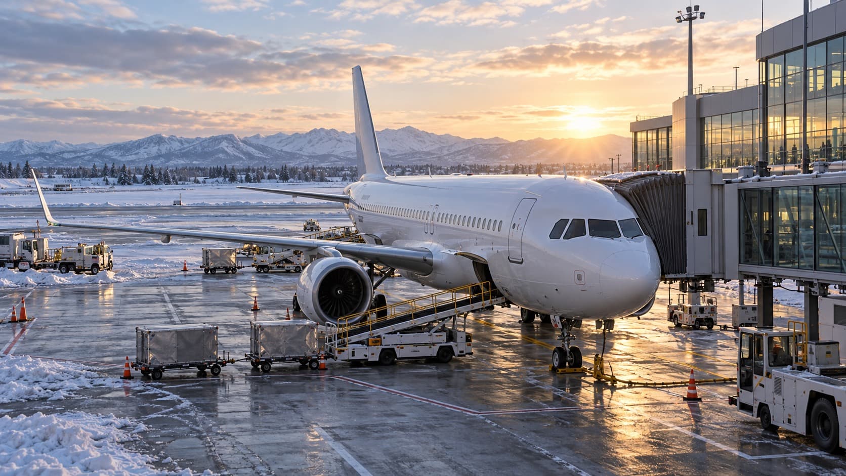 Illustrative view of a passenger aircraft at a snowy airport in winter sunlight