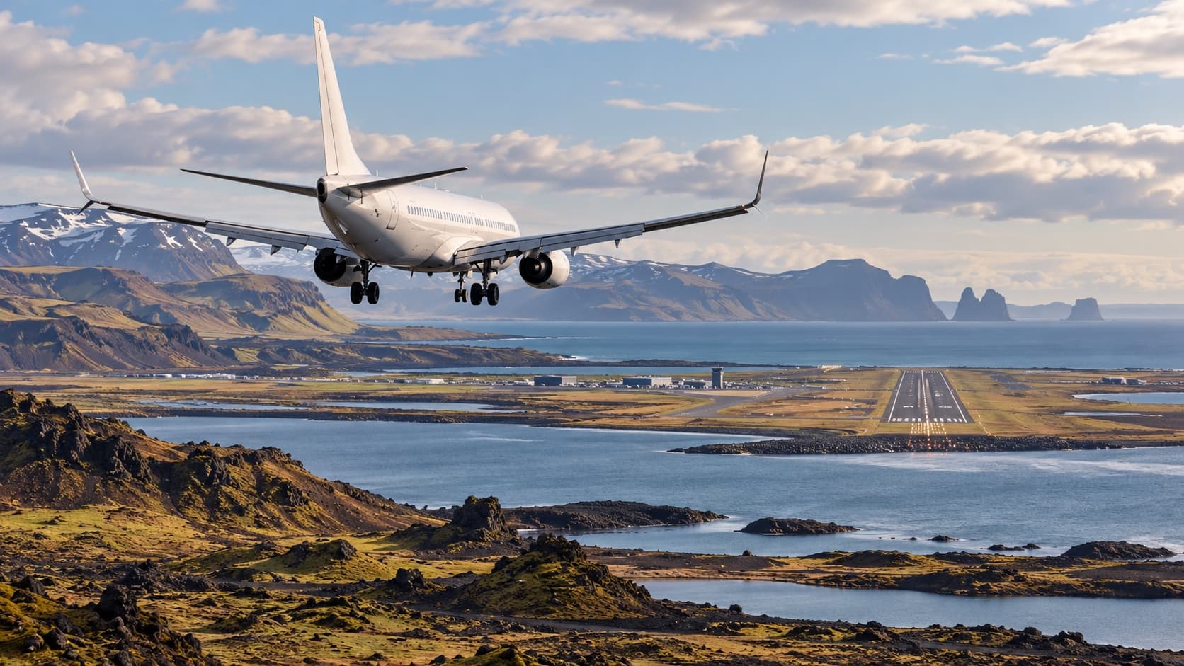Illustration of a passenger aircraft approaching an Icelandic coastal airport