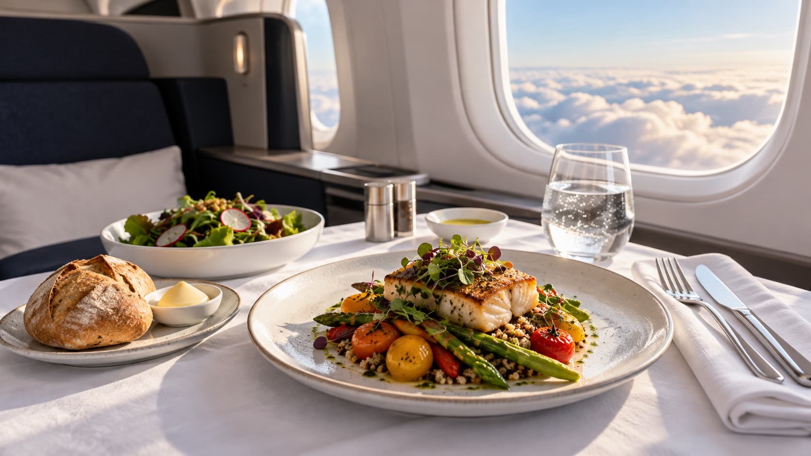 Illustration of a plated meal beside a window in a premium aircraft cabin