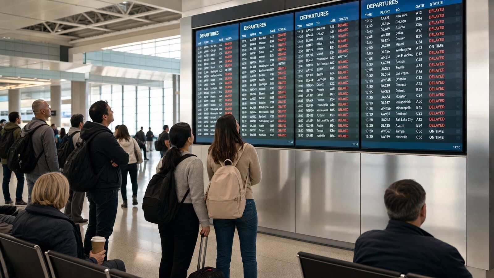 Passengers waiting in an airport terminal looking at a flight information display board