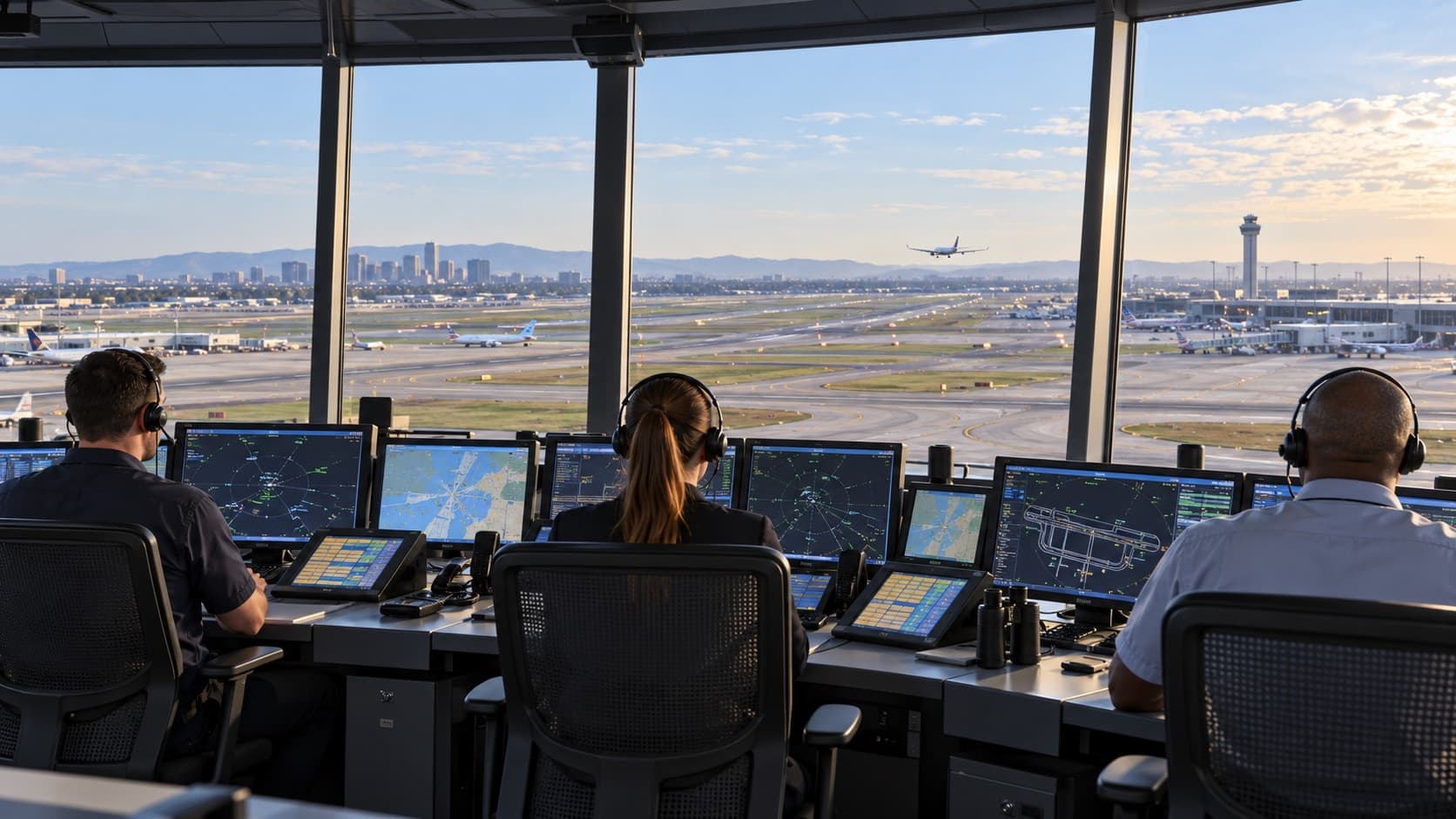 Illustration of air traffic controllers working inside an airport control tower