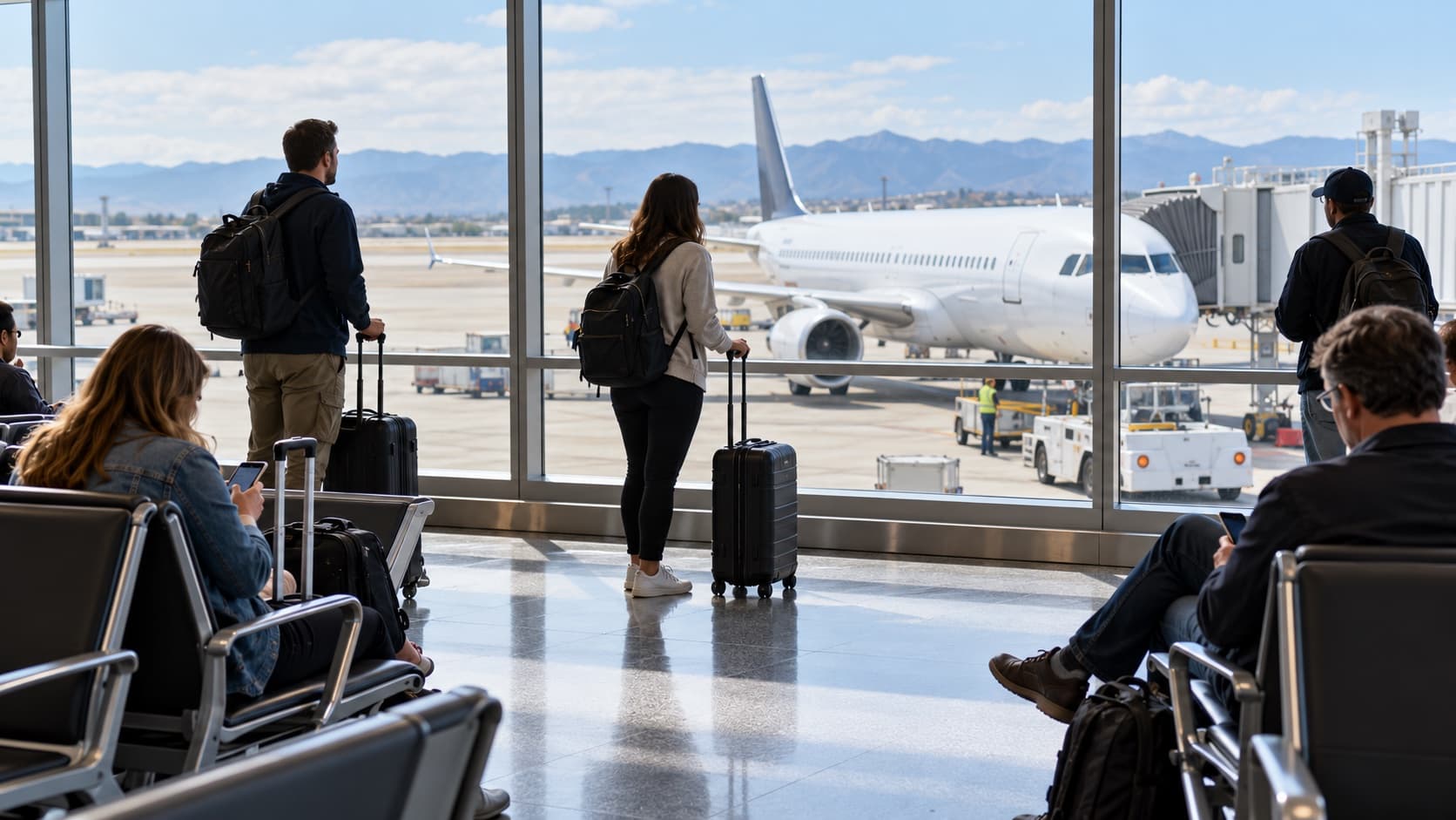 Illustration of passengers waiting near an airport gate overlooking a narrowbody aircraft.