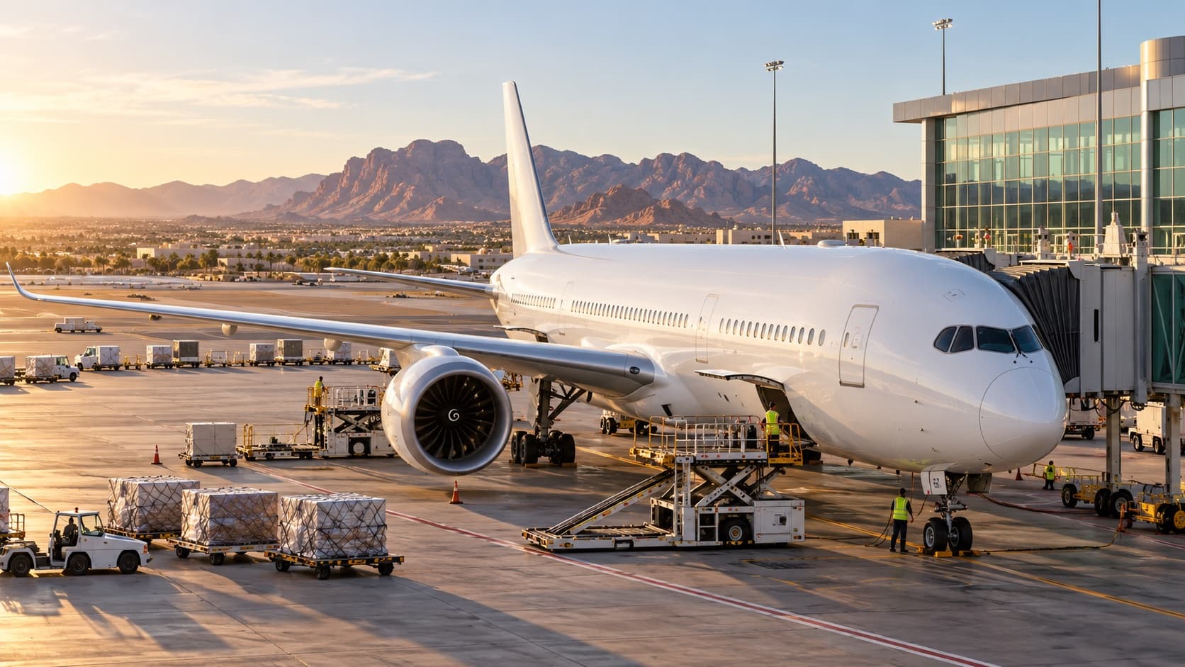 Illustration of a widebody passenger aircraft at a desert airport.