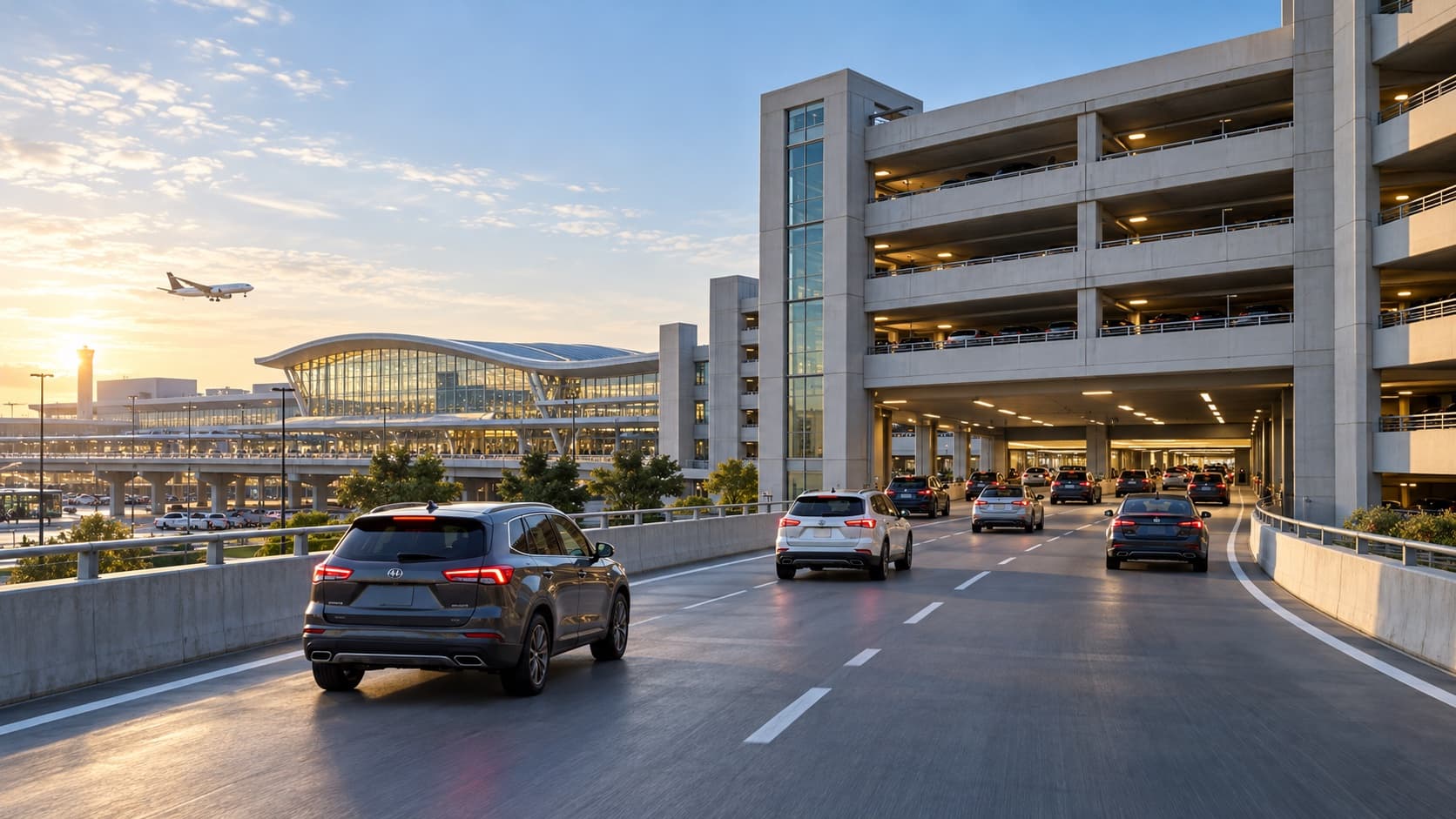Illustration of vehicles approaching a modern airport parking garage