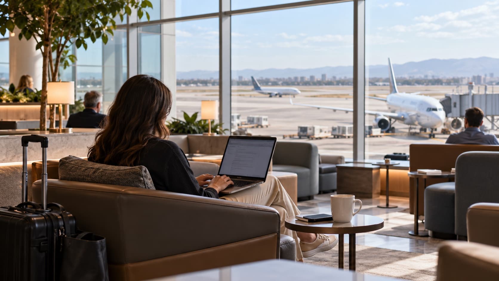 Illustration of an airport lounge seating area overlooking passenger aircraft.