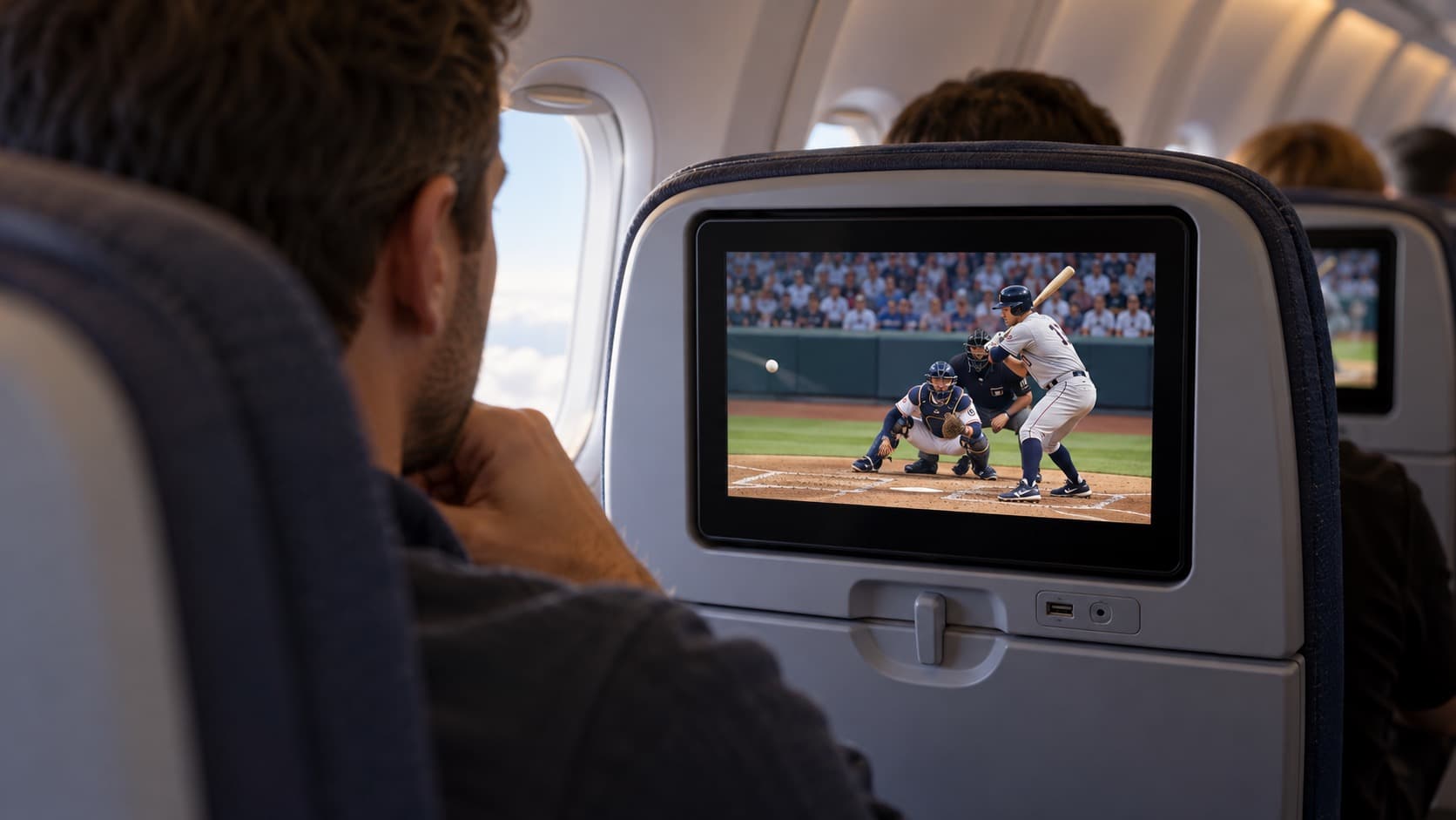 Illustrative passenger watching baseball on an aircraft seatback screen
